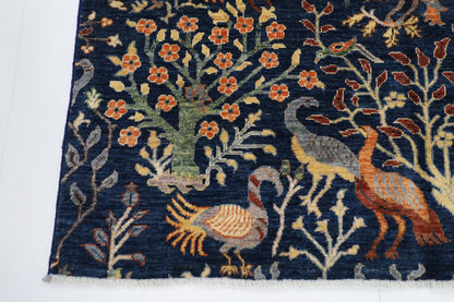 149 x 199 cm | Birds Navy Blue Area Rug Afghan Hand Knotted veg Dye Wool carpet - ART WOOL CARPET