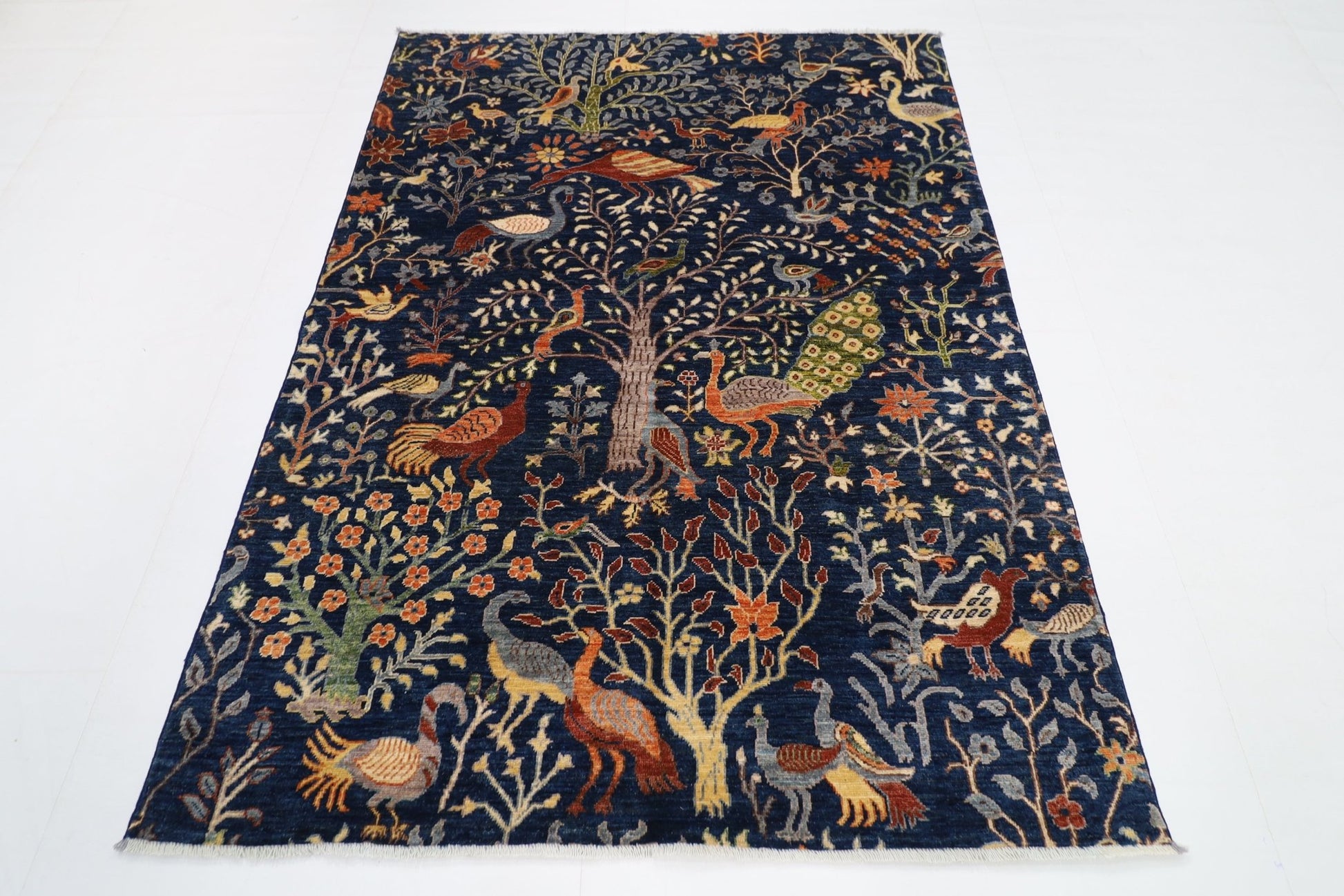 149 x 199 cm | Birds Navy Blue Area Rug Afghan Hand Knotted veg Dye Wool carpet - ART WOOL CARPET
