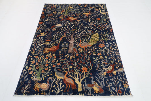 149 x 199 cm | Birds Navy Blue Area Rug Afghan Hand Knotted veg Dye Wool carpet - ART WOOL CARPET