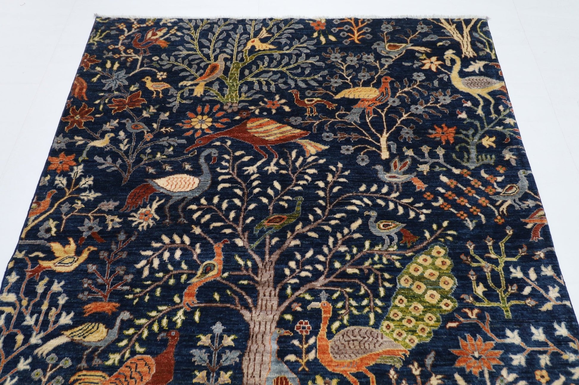 149 x 199 cm | Birds Navy Blue Area Rug Afghan Hand Knotted veg Dye Wool carpet - ART WOOL CARPET