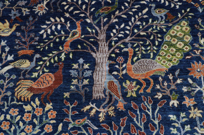 149 x 199 cm | Birds Navy Blue Area Rug Afghan Hand Knotted veg Dye Wool carpet - ART WOOL CARPET