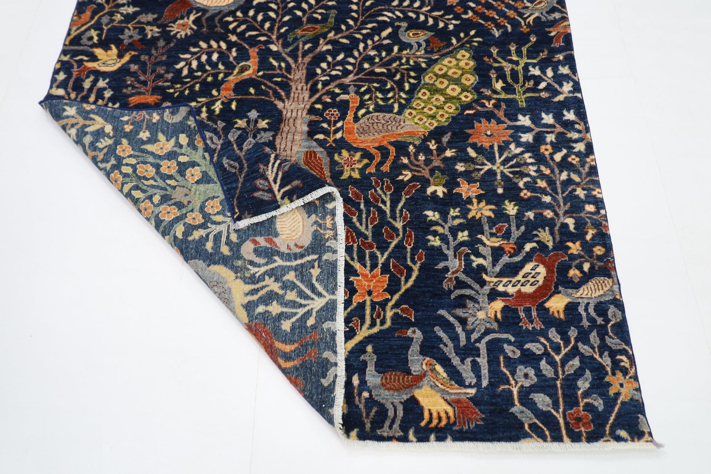 149 x 199 cm | Birds Navy Blue Area Rug Afghan Hand Knotted veg Dye Wool carpet - ART WOOL CARPET