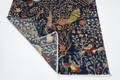 149 x 199 cm | Birds Navy Blue Area Rug Afghan Hand Knotted veg Dye Wool carpet - ART WOOL CARPET