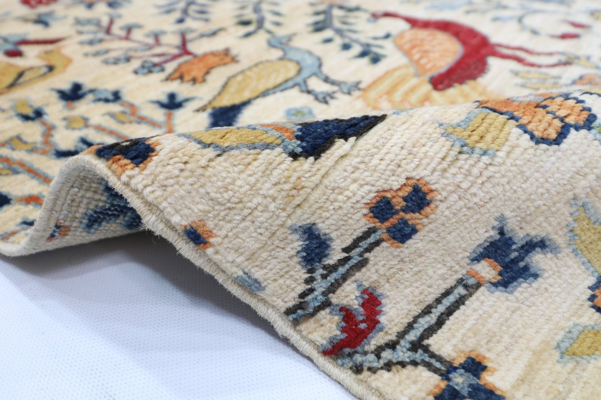 150 x 198 cm | Oriental Birds beige Area Rug Afghan Hand Knotted Veg Dye Wool carpet - ART WOOL CARPET