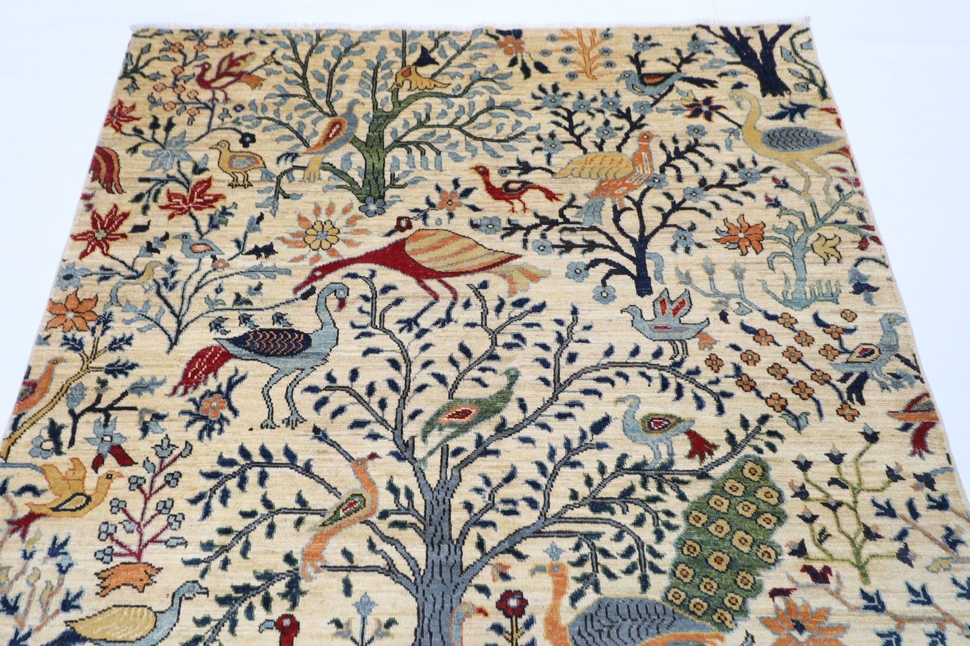 150 x 198 cm | Oriental Birds beige Area Rug Afghan Hand Knotted Veg Dye Wool carpet - ART WOOL CARPET