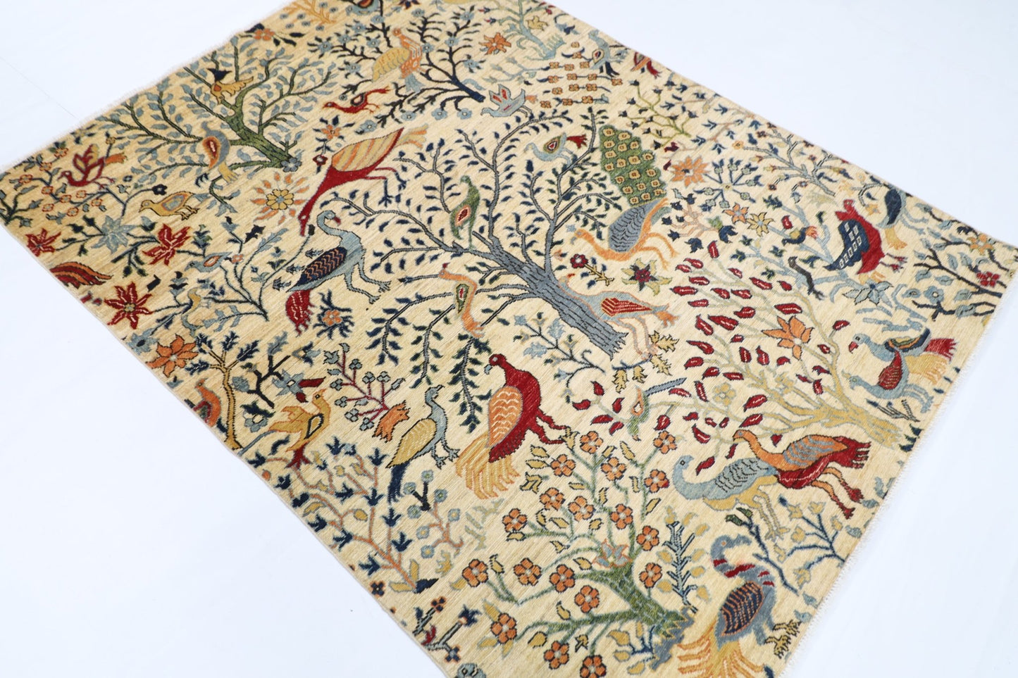 150 x 198 cm | Oriental Birds beige Area Rug Afghan Hand Knotted Veg Dye Wool carpet - ART WOOL CARPET