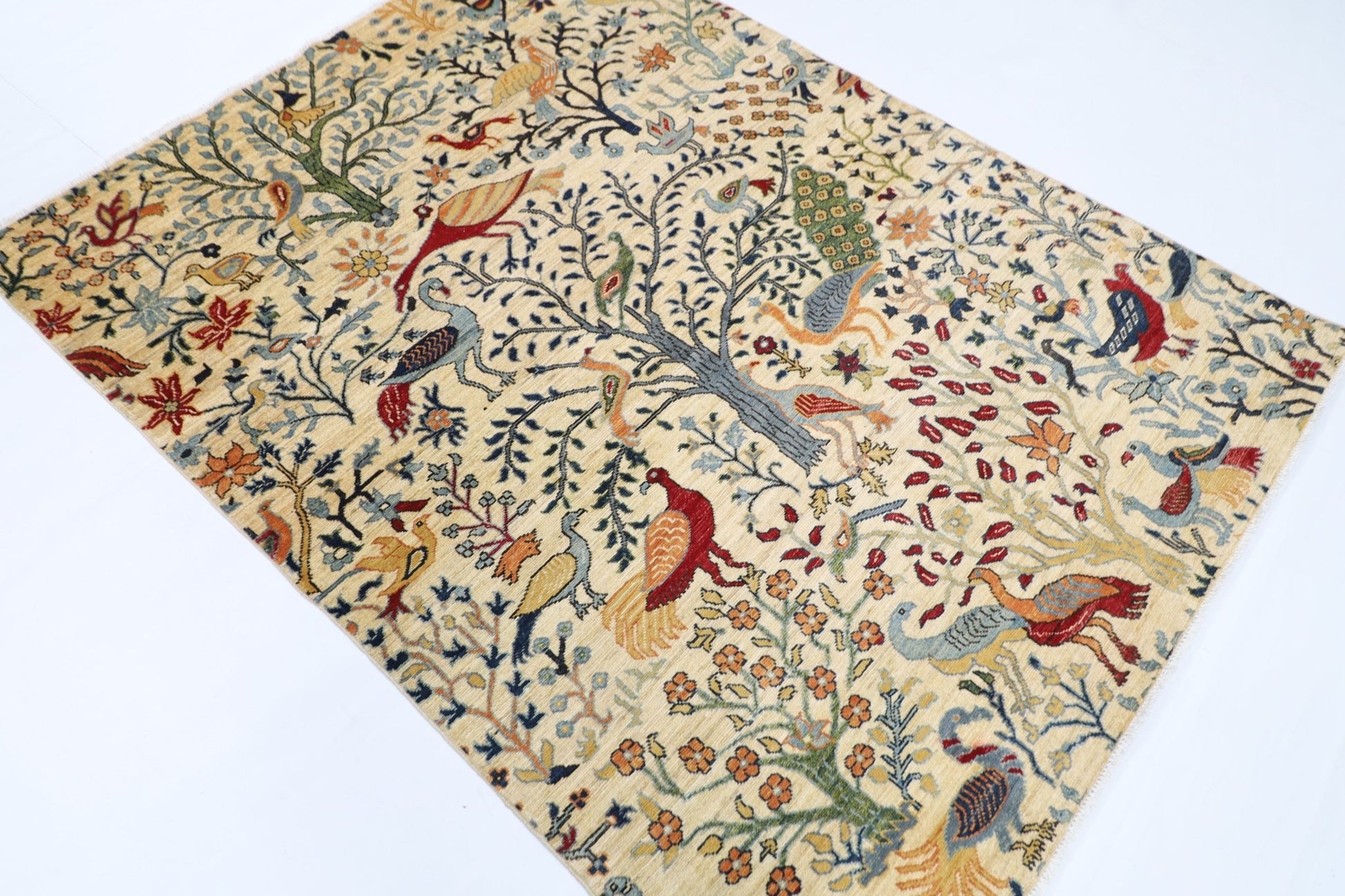 150 x 198 cm | Oriental Birds beige Area Rug Afghan Hand Knotted Veg Dye Wool carpet - ART WOOL CARPET