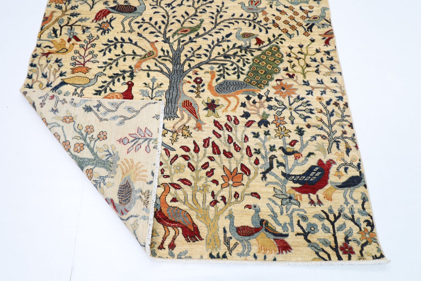 150 x 198 cm | Oriental Birds beige Area Rug Afghan Hand Knotted Veg Dye Wool carpet - ART WOOL CARPET