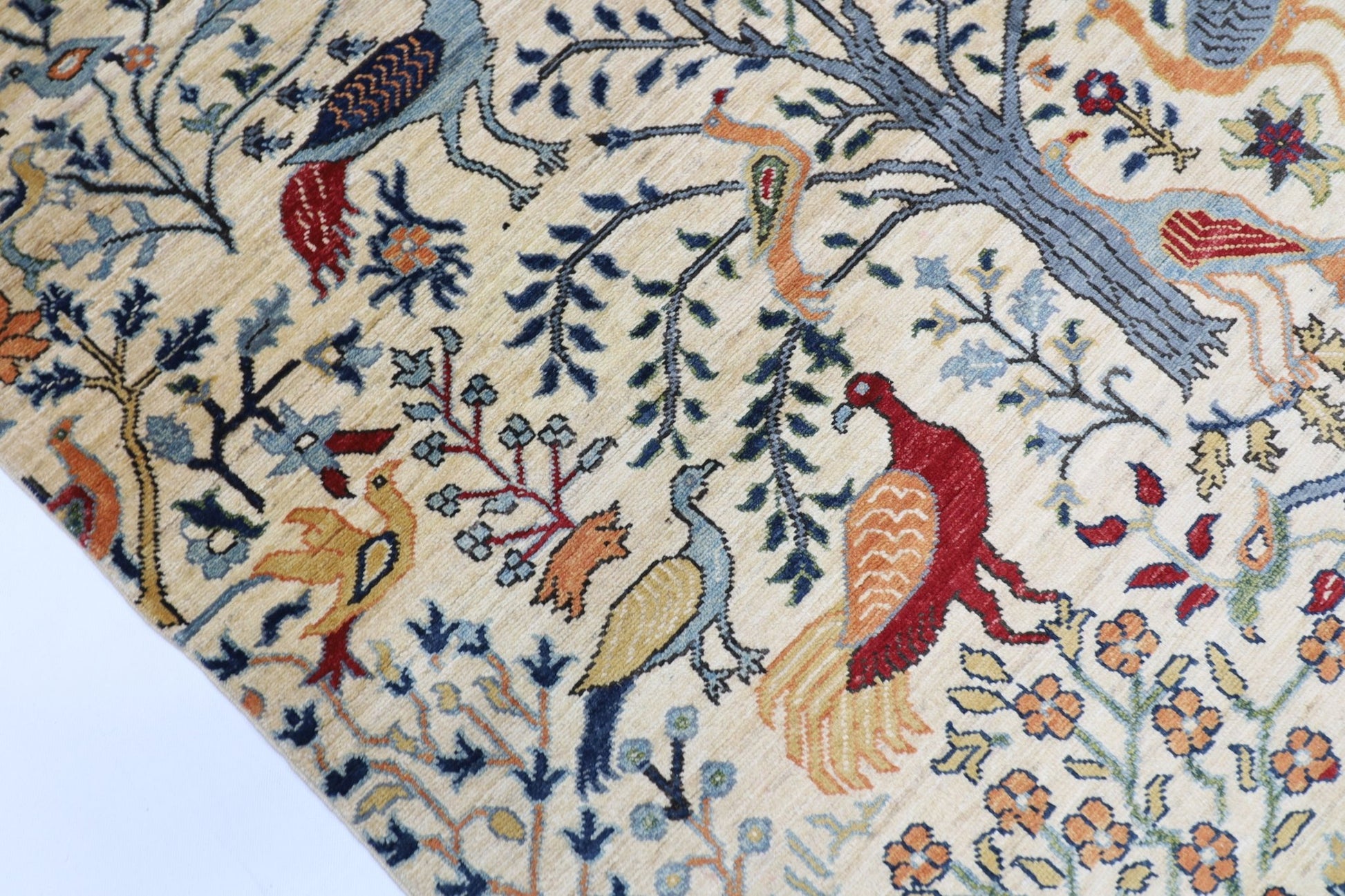 150 x 198 cm | Oriental Birds beige Area Rug Afghan Hand Knotted Veg Dye Wool carpet - ART WOOL CARPET