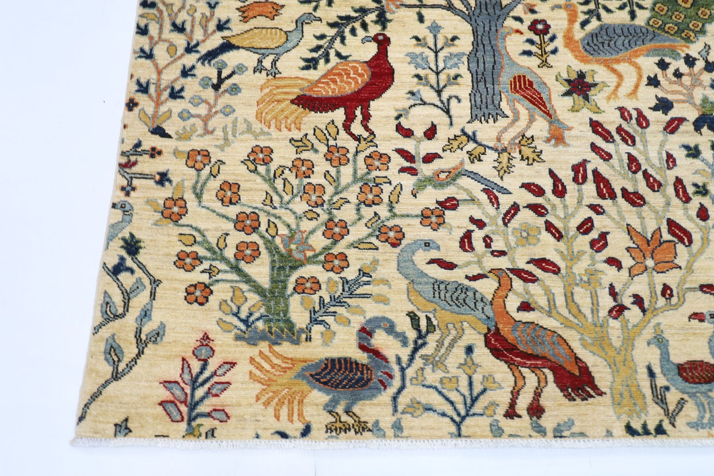 150 x 198 cm | Oriental Birds beige Area Rug Afghan Hand Knotted Veg Dye Wool carpet - ART WOOL CARPET