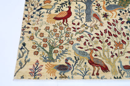 150 x 198 cm | Oriental Birds beige Area Rug Afghan Hand Knotted Veg Dye Wool carpet - ART WOOL CARPET