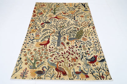150 x 198 cm | Oriental Birds beige Area Rug Afghan Hand Knotted Veg Dye Wool carpet - ART WOOL CARPET