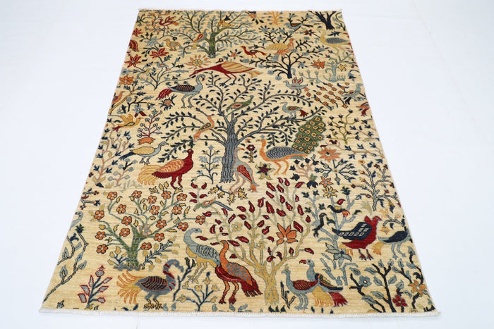 150 x 198 cm | Oriental Birds beige Area Rug Afghan Hand Knotted Veg Dye Wool carpet