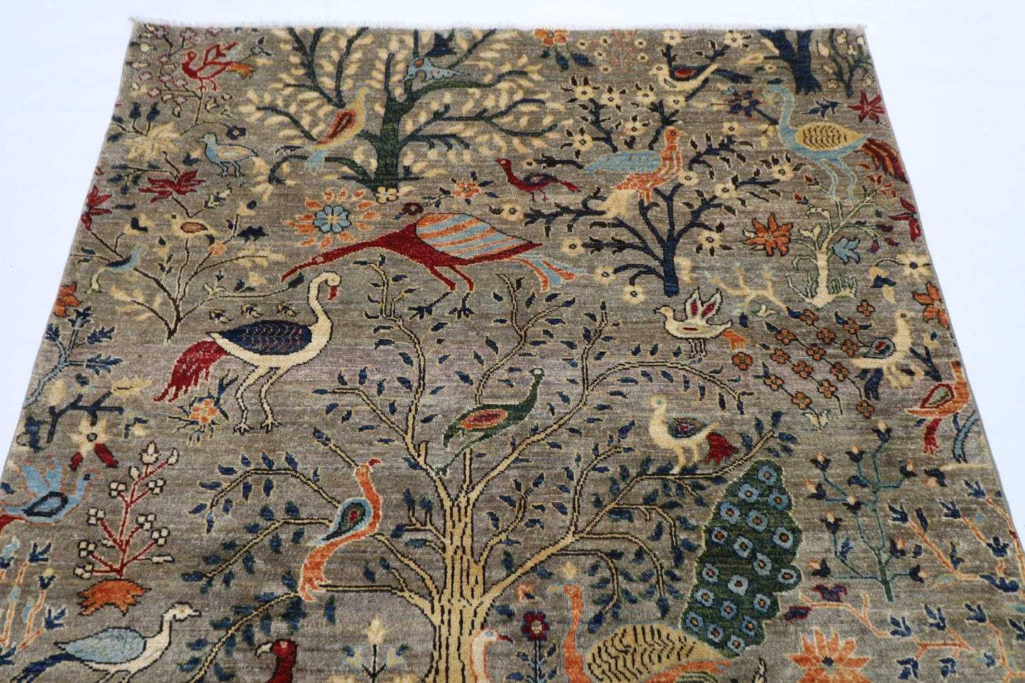 150 x 201 cm | Oriental Birds Gray Area Rug Afghan Hand Knotted Veg Dye Wool carpet - ART WOOL CARPET