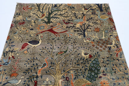 150 x 201 cm | Oriental Birds Gray Area Rug Afghan Hand Knotted Veg Dye Wool carpet - ART WOOL CARPET