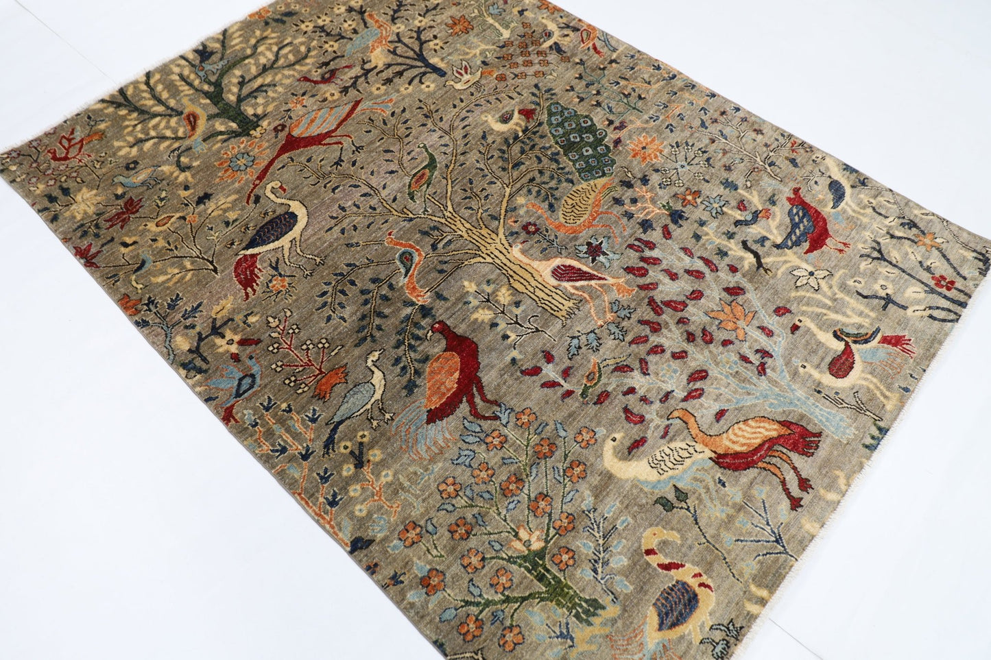 150 x 201 cm | Oriental Birds Gray Area Rug Afghan Hand Knotted Veg Dye Wool carpet - ART WOOL CARPET