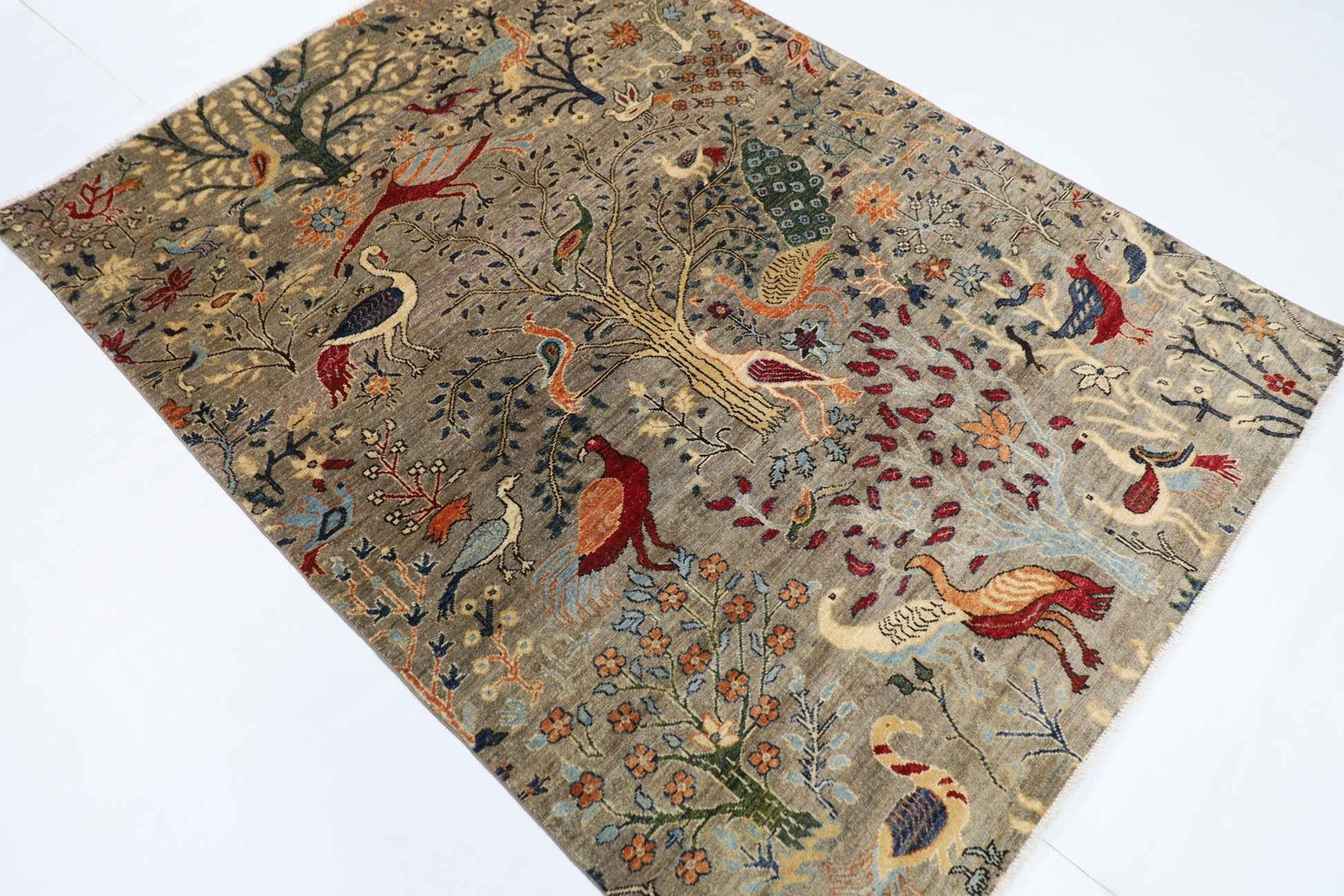 150 x 201 cm | Oriental Birds Gray Area Rug Afghan Hand Knotted Veg Dye Wool carpet - ART WOOL CARPET