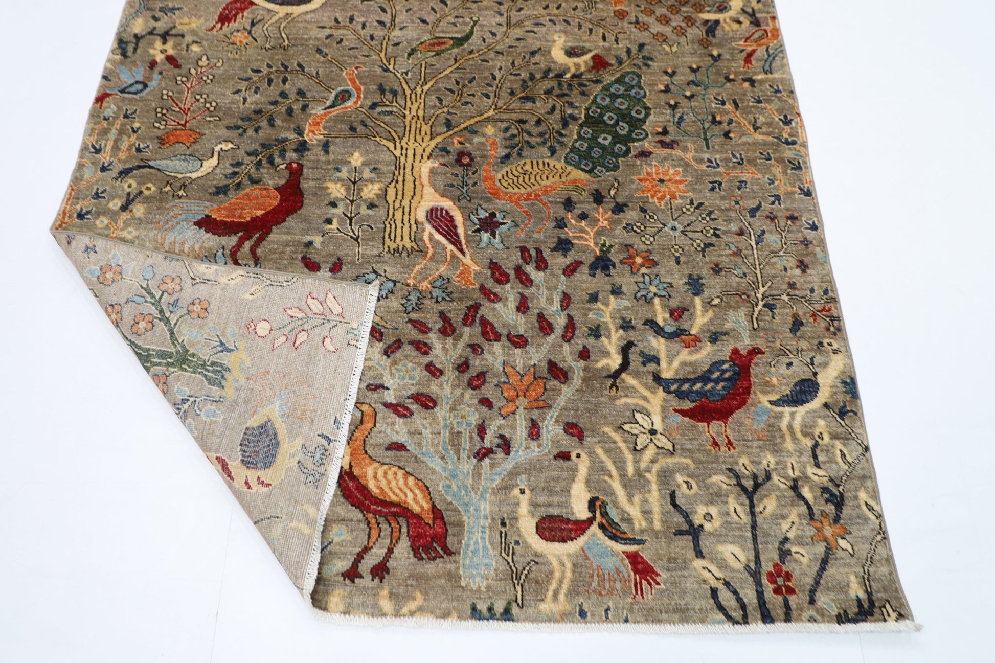 150 x 201 cm | Oriental Birds Gray Area Rug Afghan Hand Knotted Veg Dye Wool carpet - ART WOOL CARPET