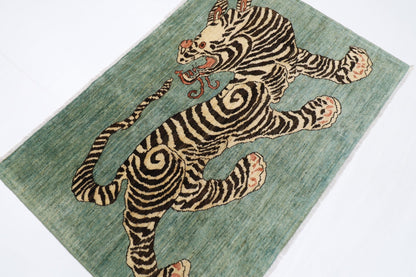 153 x 105 cm | Tiger Blue Oriental Area Rug Afghan Hand Knotted Veg Dye Wool carpet - ART WOOL CARPET