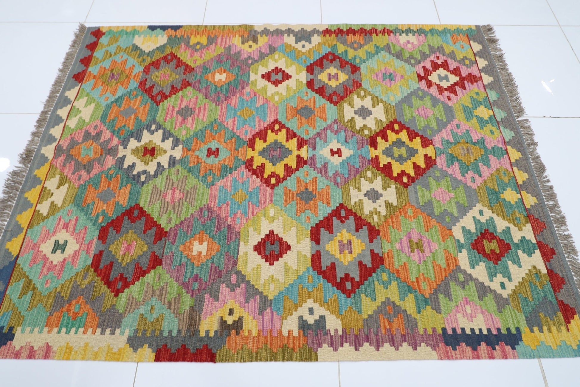 154 x 197 cm | Multicolor Wool Kilim Area Traditional Hand Woven Oriental Carpet - ART WOOL CARPET