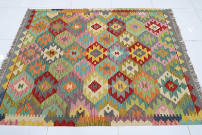 154 x 197 cm | Multicolor Wool Kilim Area Traditional Hand Woven Oriental Carpet - ART WOOL CARPET
