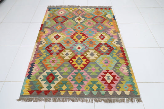 154 x 197 cm | Multicolor Wool Kilim Area Traditional Hand Woven Oriental Carpet - ART WOOL CARPET