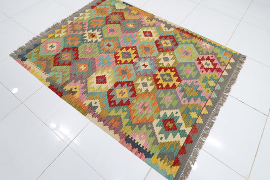 154 x 197 cm | Multicolor Wool Kilim Area Traditional Hand Woven Oriental Carpet - ART WOOL CARPET