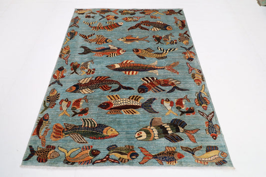 154 x 202 cm | Traditional Fish Area Rug Afghan Hand Knotted veg Dye Wool carpet - ART WOOL CARPET
