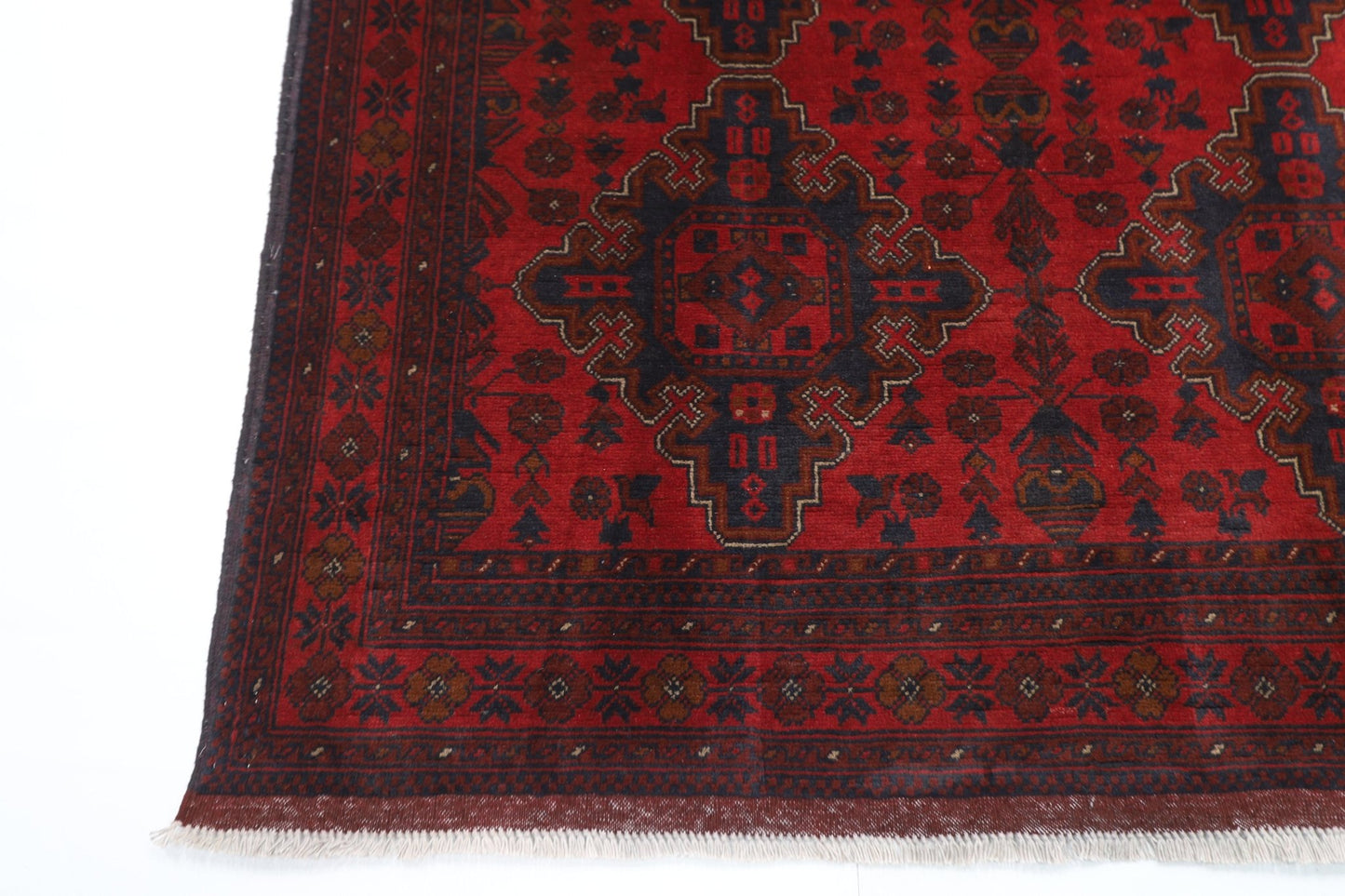 154 x 203 cm | Geometric Red Oriental Area Rug Afghan Hand Knotted Wool carpet - ART WOOL CARPET
