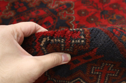 154 x 203 cm | Geometric Red Oriental Area Rug Afghan Hand Knotted Wool carpet - ART WOOL CARPET
