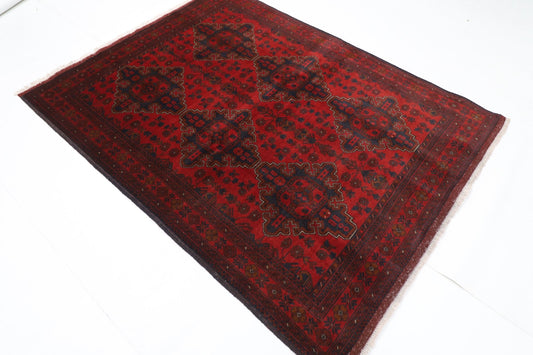 154 x 203 cm | Geometric Red Oriental Area Rug Afghan Hand Knotted Wool carpet - ART WOOL CARPET