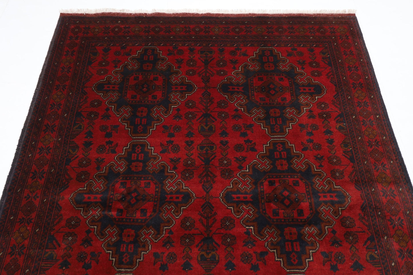 154 x 203 cm | Geometric Red Oriental Area Rug Afghan Hand Knotted Wool carpet - ART WOOL CARPET