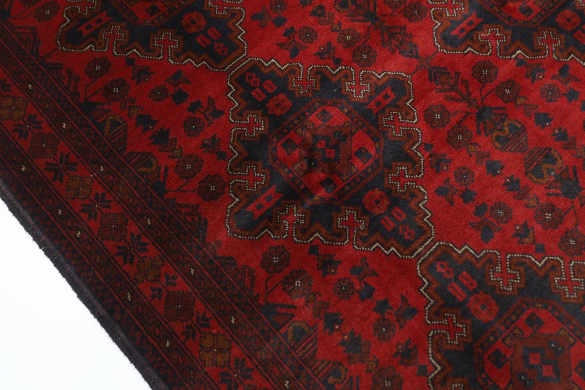 154 x 203 cm | Geometric Red Oriental Area Rug Afghan Hand Knotted Wool carpet - ART WOOL CARPET