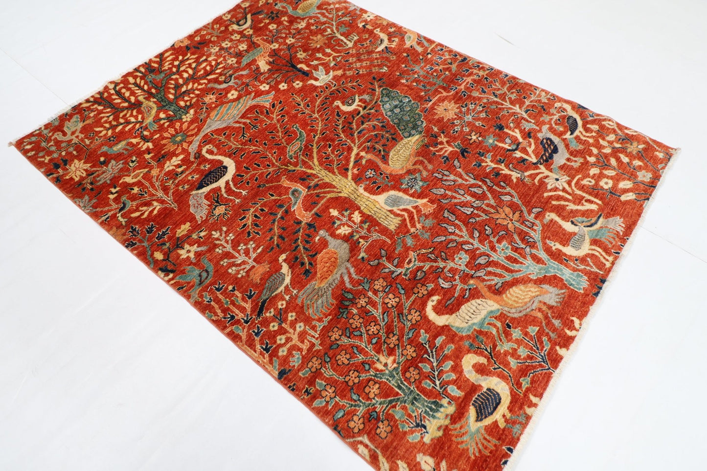 155 x 200 cm | Birds Orange Area Rug Afghan Hand Knotted veg Dye Wool carpet - ART WOOL CARPET