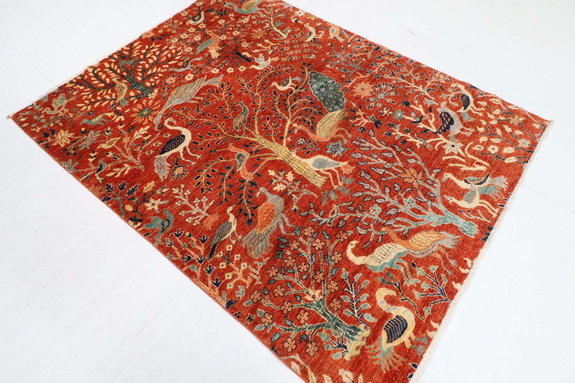 155 x 200 cm | Birds Orange Area Rug Afghan Hand Knotted veg Dye Wool carpet - ART WOOL CARPET