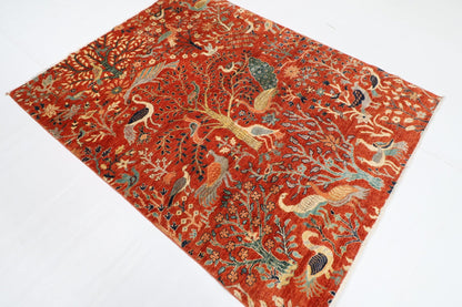 155 x 200 cm | Birds Orange Area Rug Afghan Hand Knotted veg Dye Wool carpet - ART WOOL CARPET
