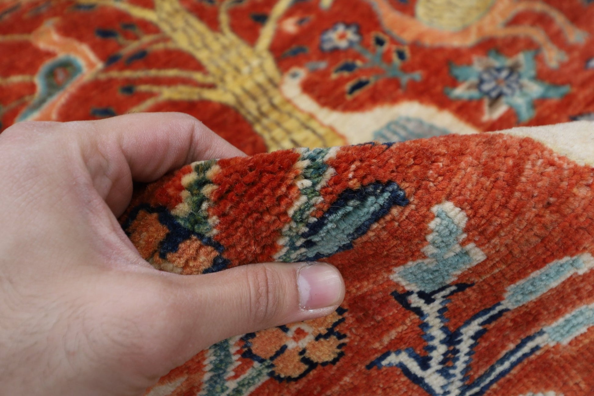 155 x 200 cm | Birds Orange Area Rug Afghan Hand Knotted veg Dye Wool carpet - ART WOOL CARPET