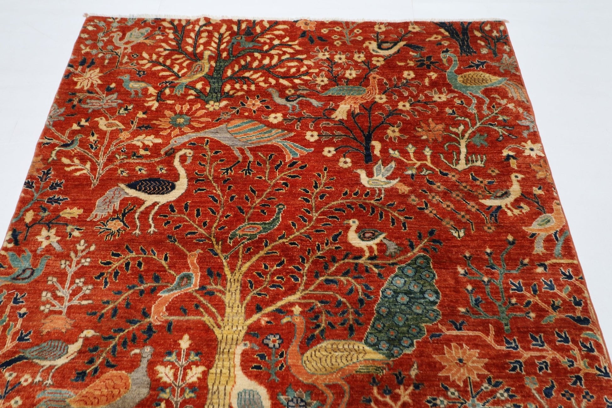 155 x 200 cm | Birds Orange Area Rug Afghan Hand Knotted veg Dye Wool carpet - ART WOOL CARPET