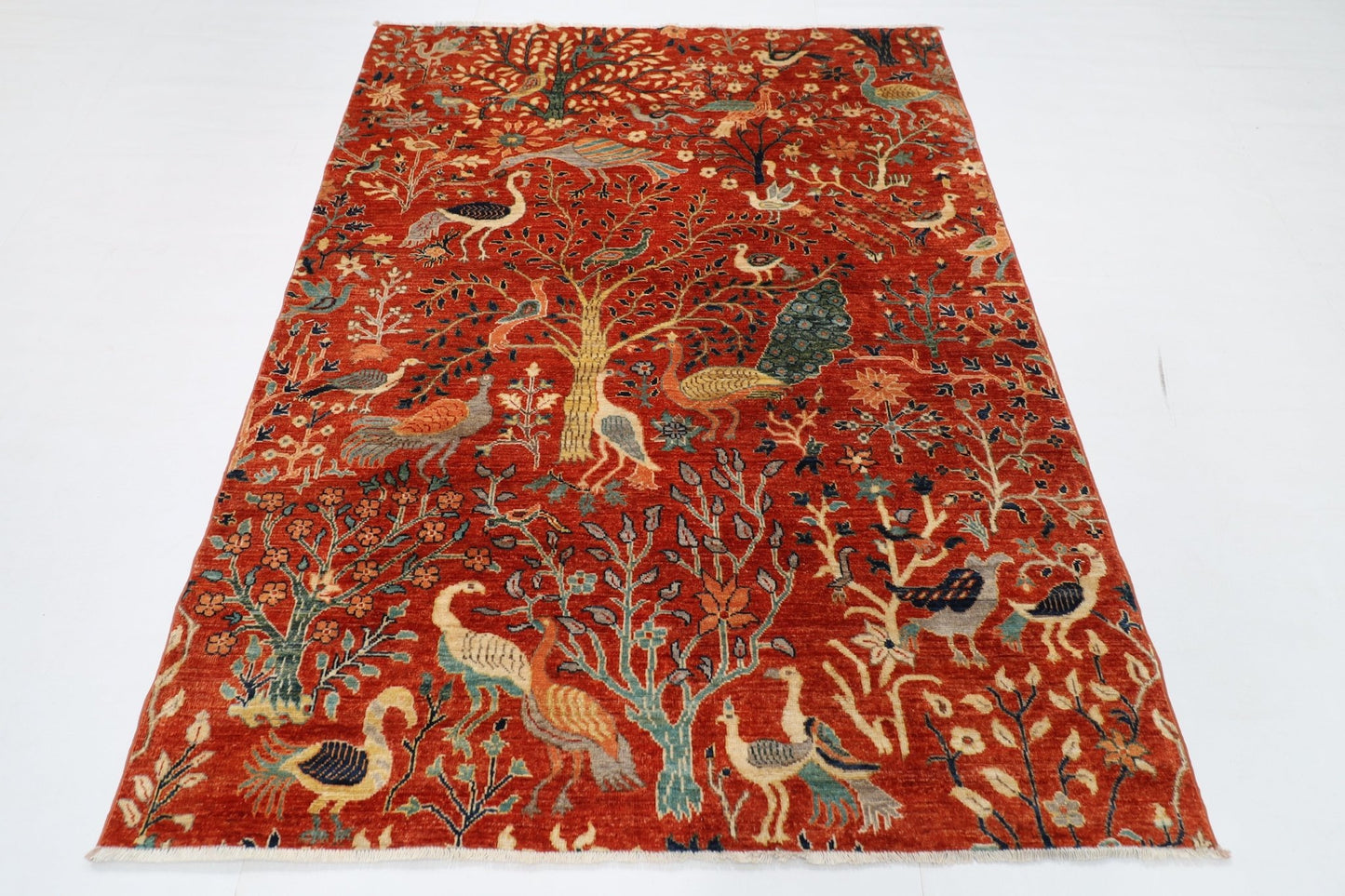 155 x 200 cm | Birds Orange Area Rug Afghan Hand Knotted veg Dye Wool carpet - ART WOOL CARPET