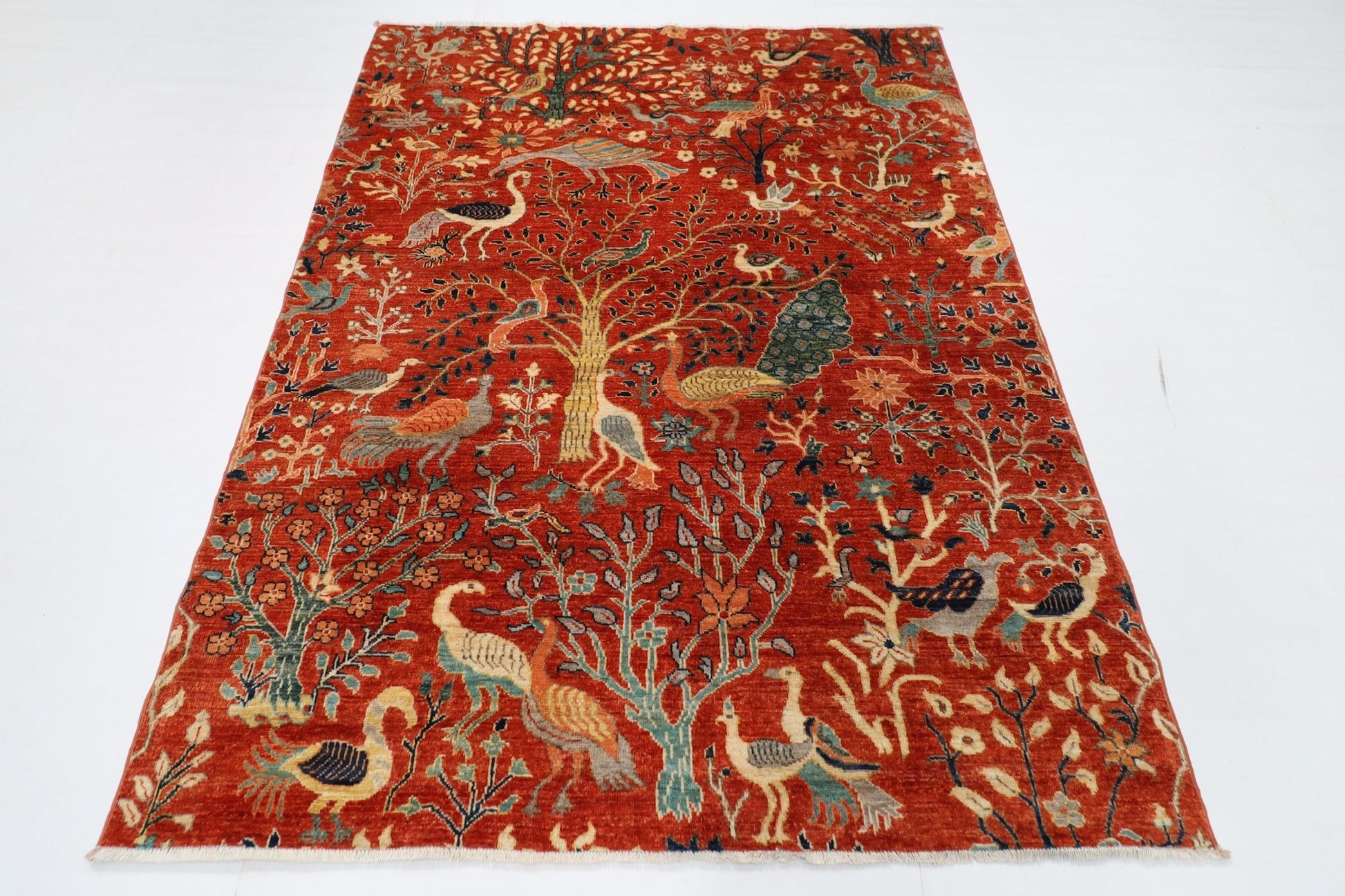 155 x 200 cm | Birds Orange Area Rug Afghan Hand Knotted veg Dye Wool carpet - ART WOOL CARPET
