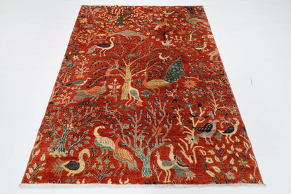 155 x 200 cm | Birds Orange Area Rug Afghan Hand Knotted veg Dye Wool carpet - ART WOOL CARPET