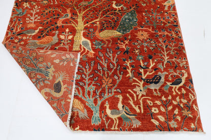 155 x 200 cm | Birds Orange Area Rug Afghan Hand Knotted veg Dye Wool carpet - ART WOOL CARPET