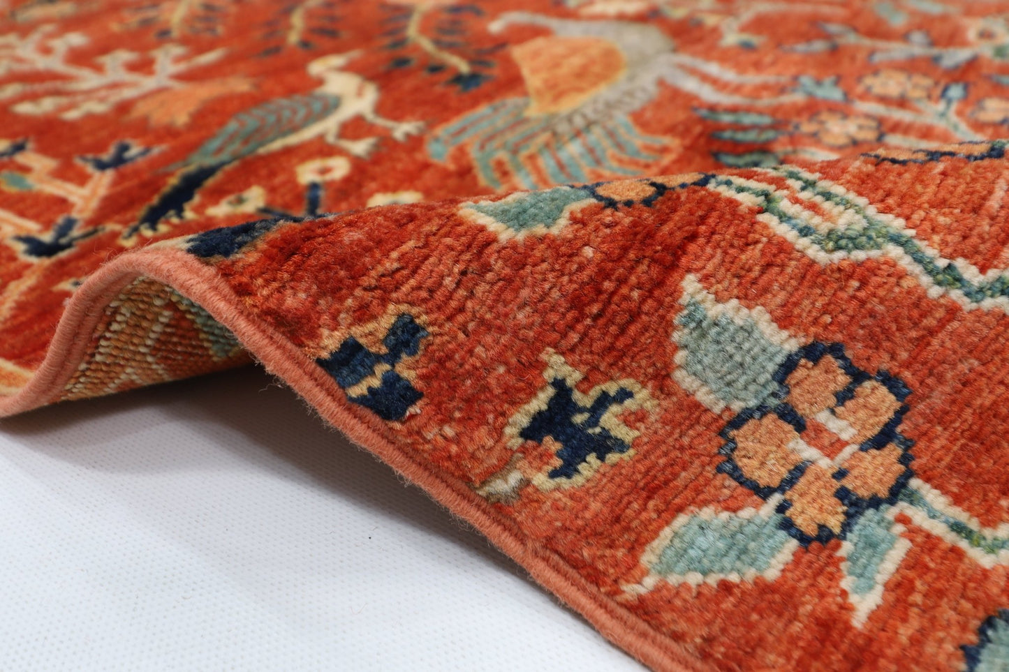 155 x 200 cm | Birds Orange Area Rug Afghan Hand Knotted veg Dye Wool carpet - ART WOOL CARPET