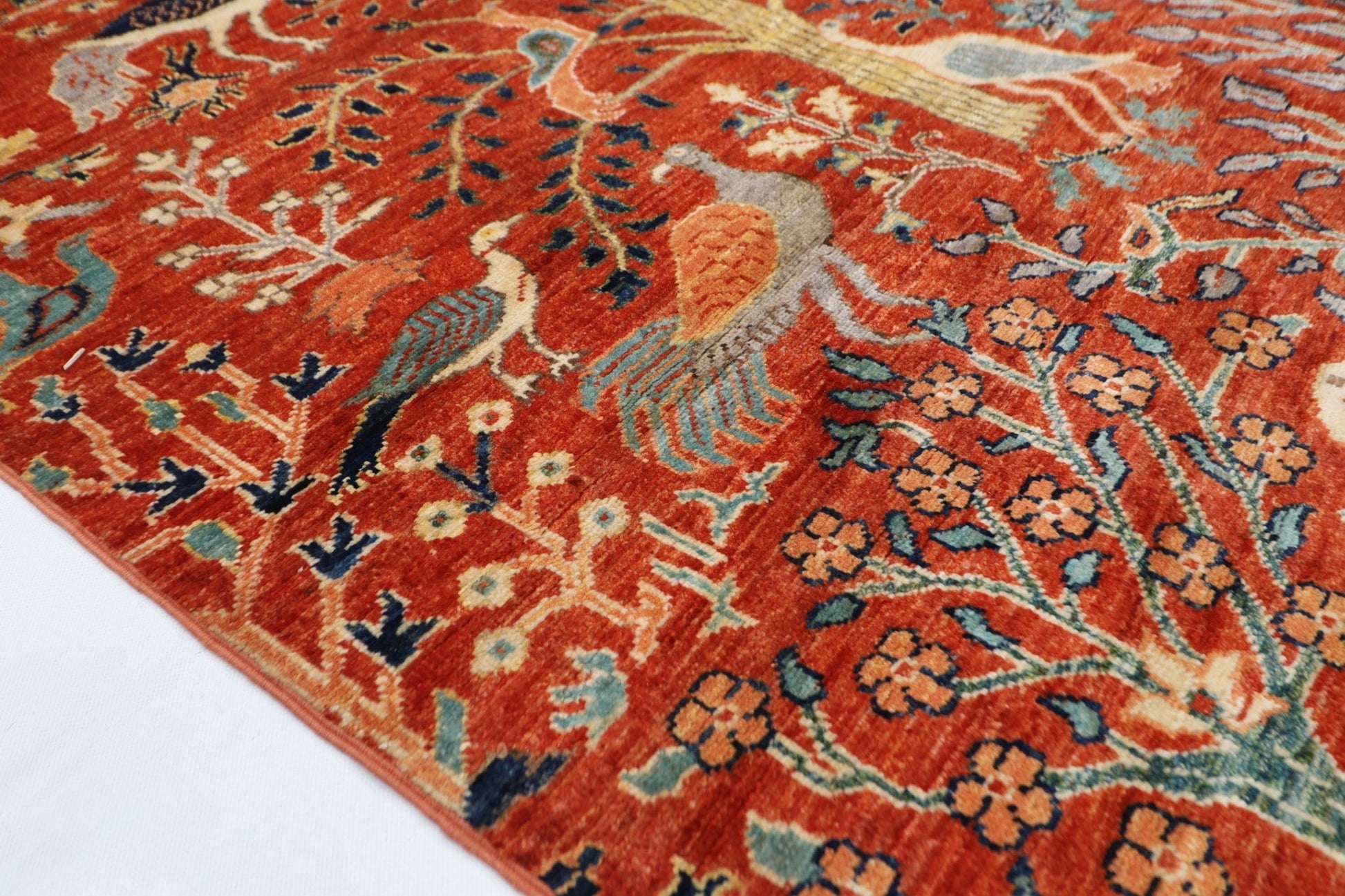 155 x 200 cm | Birds Orange Area Rug Afghan Hand Knotted veg Dye Wool carpet - ART WOOL CARPET
