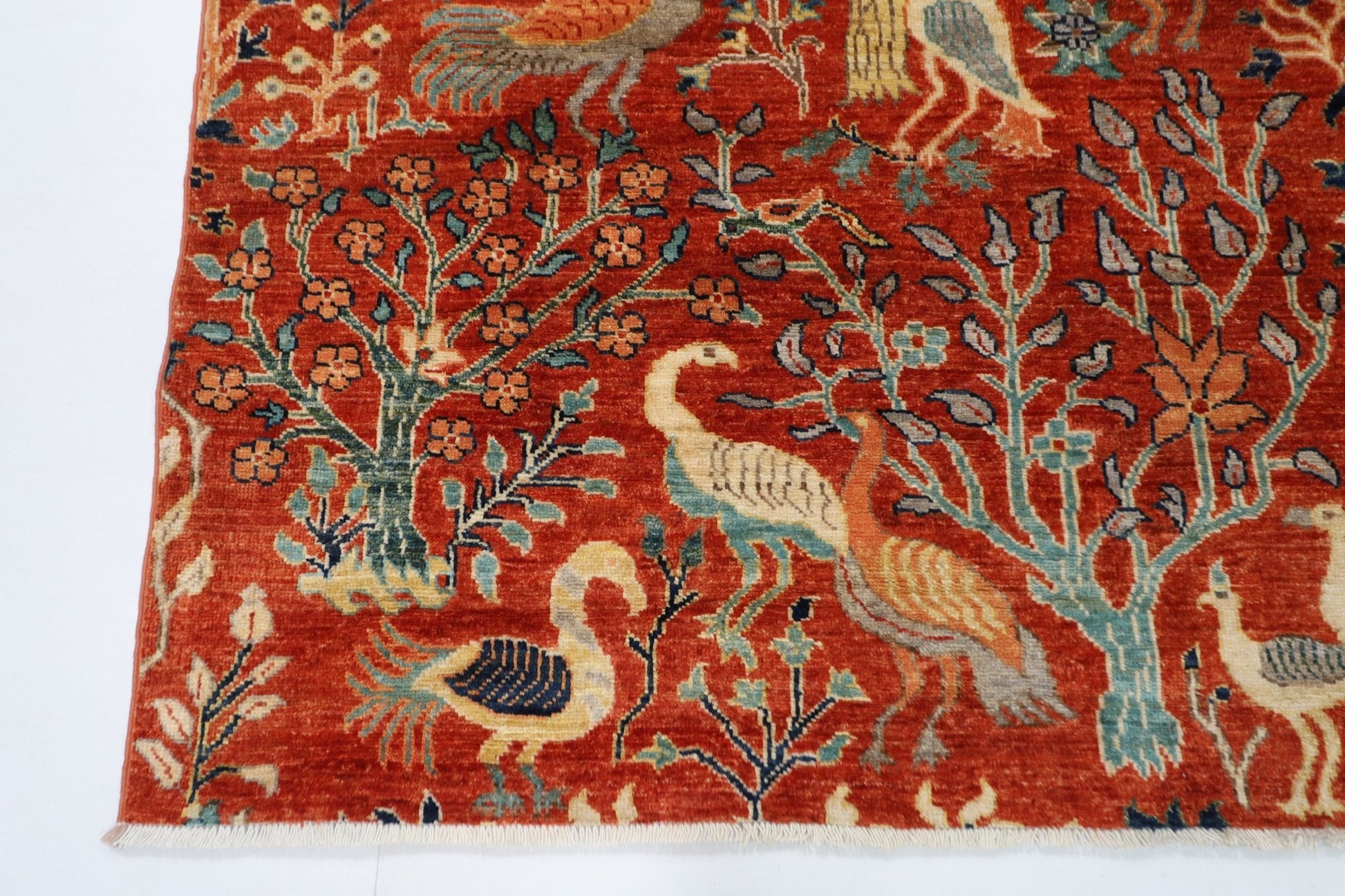 155 x 200 cm | Birds Orange Area Rug Afghan Hand Knotted veg Dye Wool carpet - ART WOOL CARPET