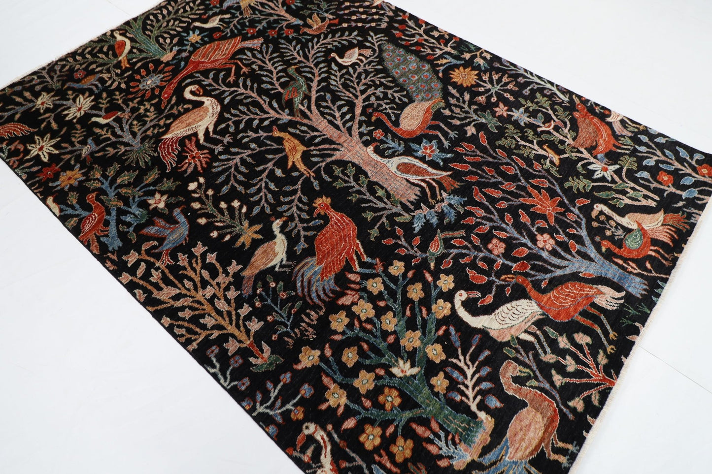 176 x 248 cm | Birds Black Area Rug Afghan Hand Knotted veg Dye Wool carpet - ART WOOL CARPET