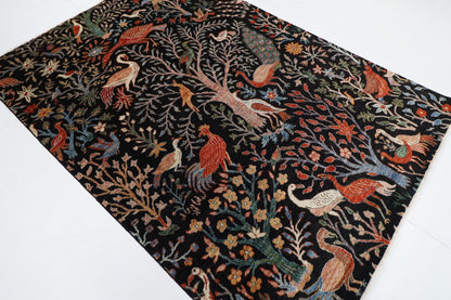 176 x 248 cm | Birds Black Area Rug Afghan Hand Knotted veg Dye Wool carpet - ART WOOL CARPET