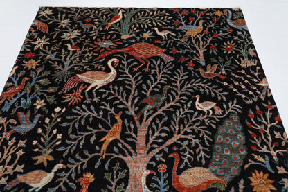 176 x 248 cm | Birds Black Area Rug Afghan Hand Knotted veg Dye Wool carpet - ART WOOL CARPET