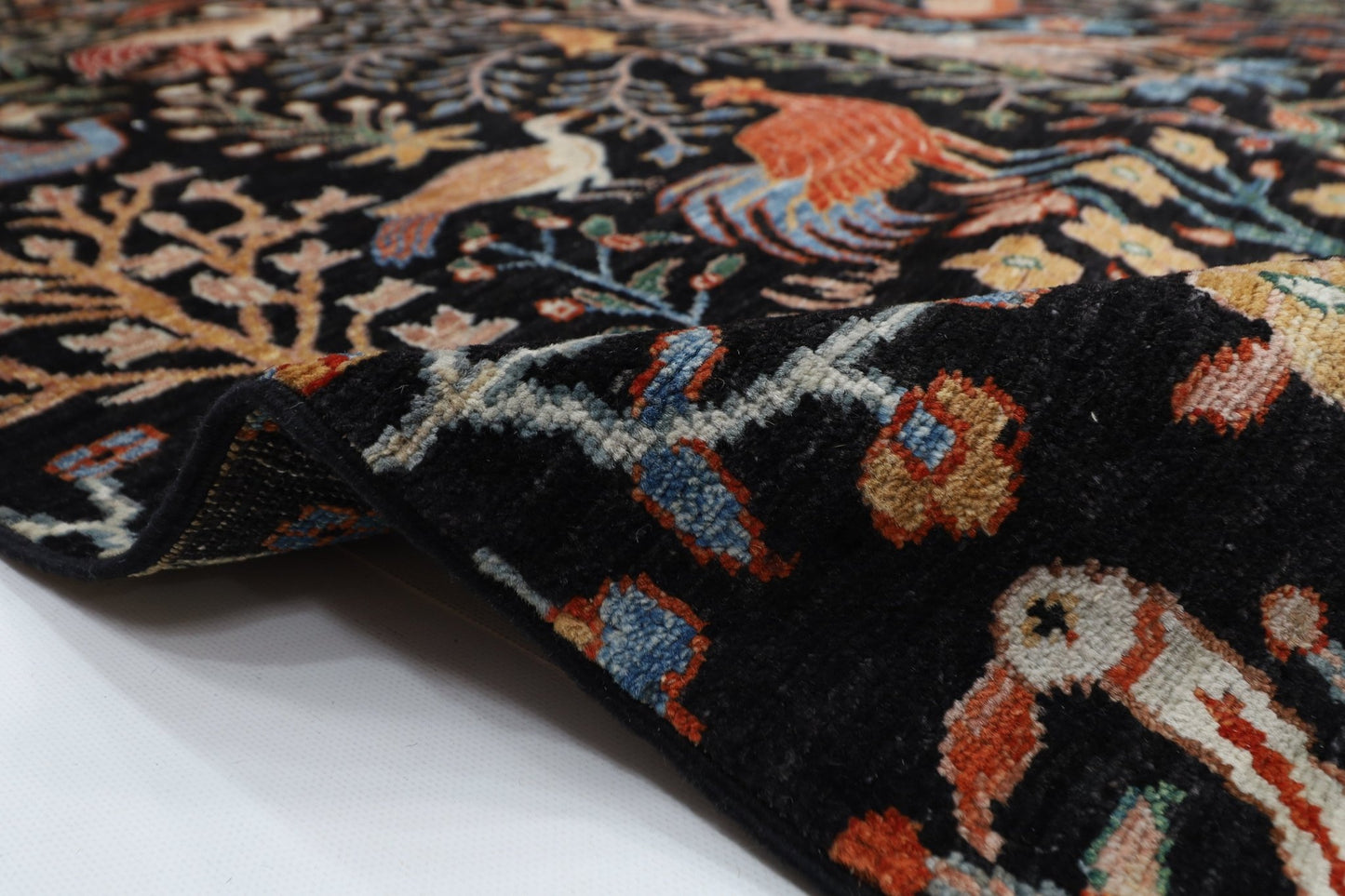 176 x 248 cm | Birds Black Area Rug Afghan Hand Knotted veg Dye Wool carpet - ART WOOL CARPET