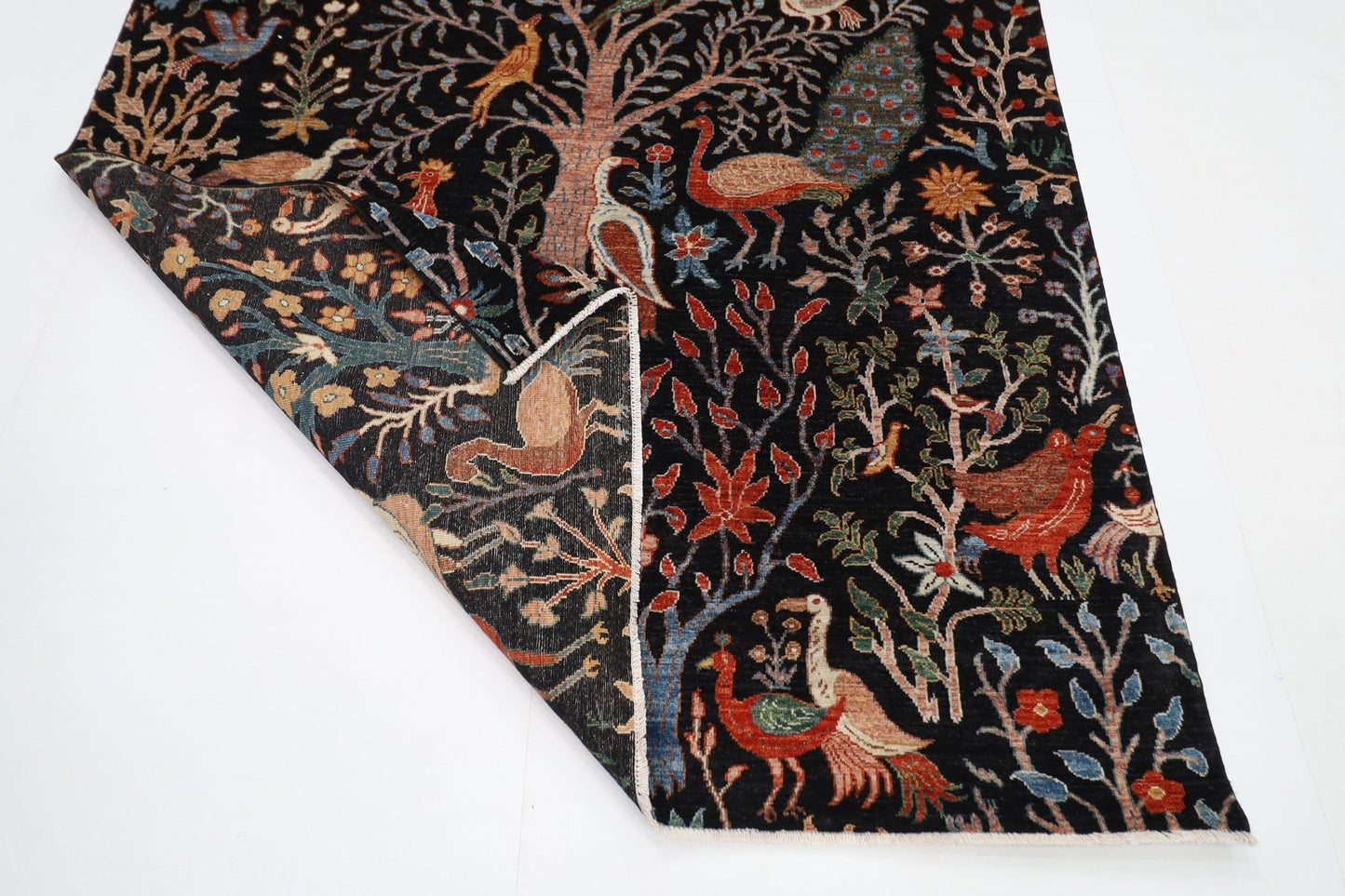 176 x 248 cm | Birds Black Area Rug Afghan Hand Knotted veg Dye Wool carpet - ART WOOL CARPET